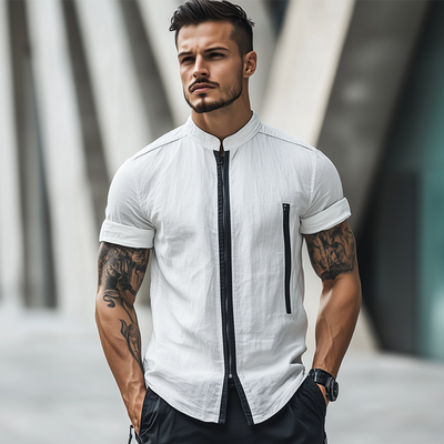 Jeffrey | Men'S Retro Casual Linen Zipper Stand Collar Short Sleeve Shirt