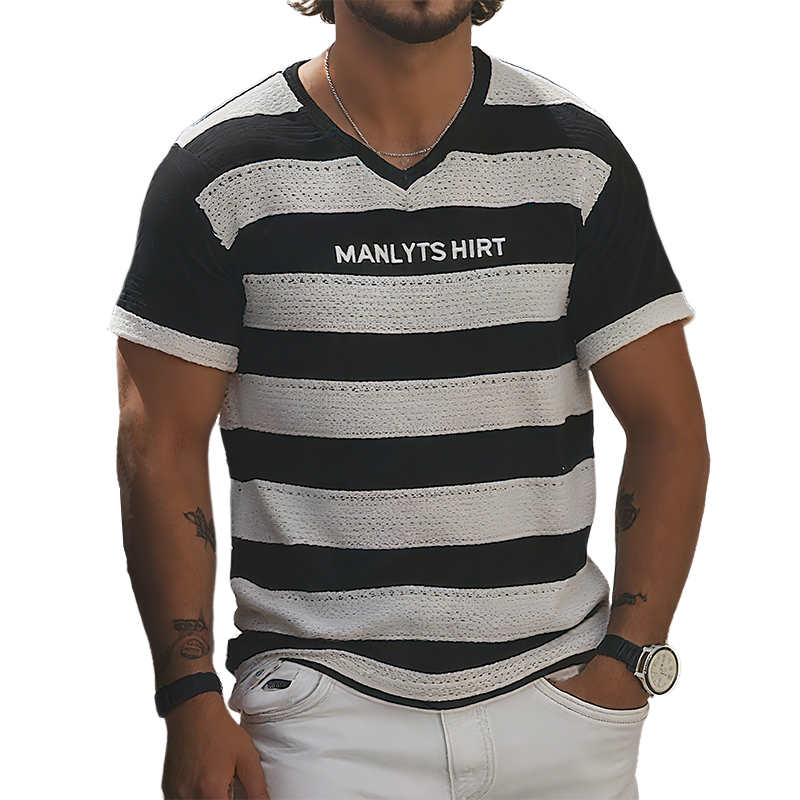Max | Men'S Summer Fashion Casual V-Neck Knitted Black And White Horizontal Stripes Letter Embroidered Short-Sleeved T-Shirt