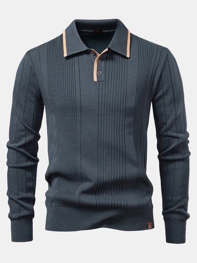 Higinio® | Long Sleeved Knitted Stripe Jacquard Polo Shirt