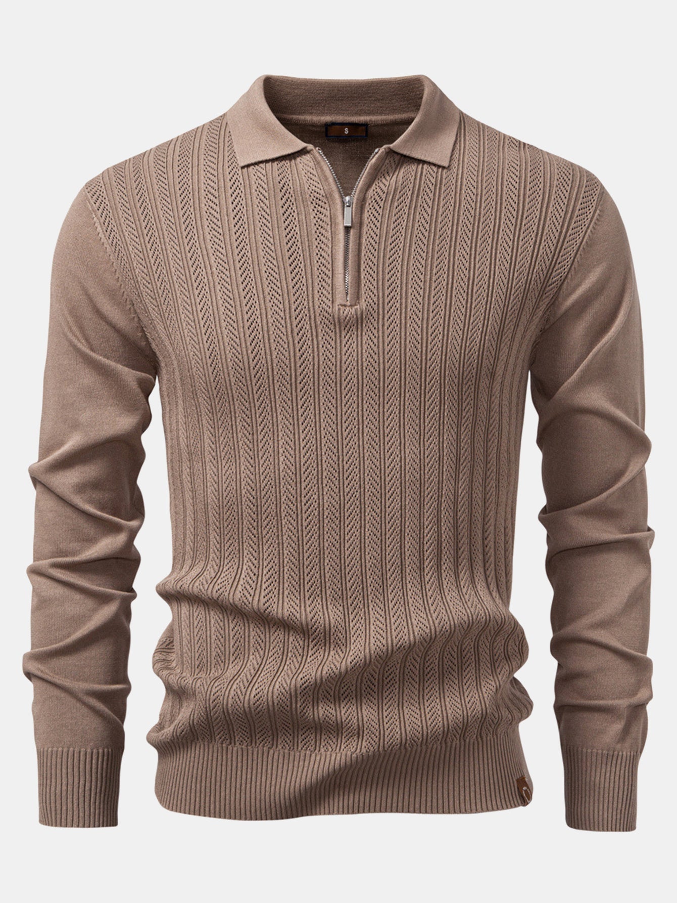 Steven | Long Sleeved Knitted Geometric Jacquard Zippe Polo Shirt