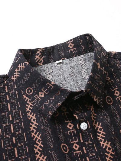 Horacio® | Linen Look Ethnic Geometric Print Button Up Shirt