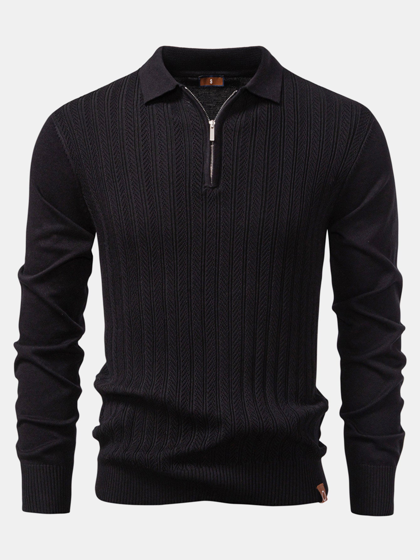 Steven | Long Sleeved Knitted Geometric Jacquard Zippe Polo Shirt