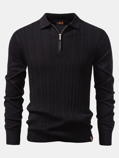 Steven | Long Sleeved Knitted Geometric Jacquard Zippe Polo Shirt