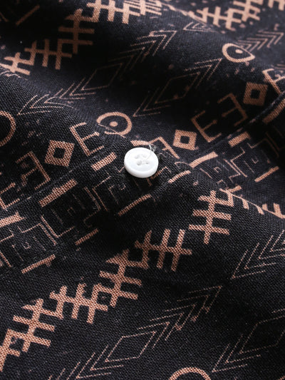 Horacio® | Linen Look Ethnic Geometric Print Button Up Shirt