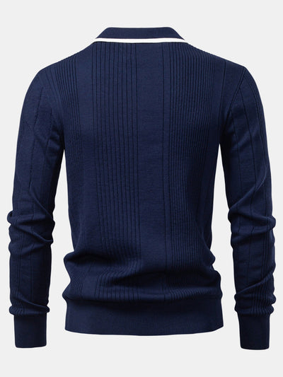 Higinio® | Long Sleeved Knitted Stripe Jacquard Polo Shirt