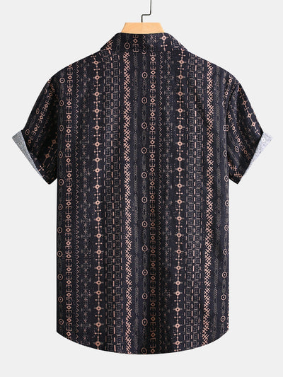 Horacio® | Linen Look Ethnic Geometric Print Button Up Shirt