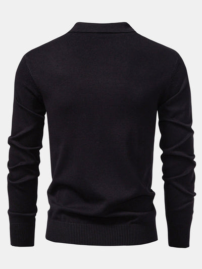 Steven | Long Sleeved Knitted Geometric Jacquard Zippe Polo Shirt
