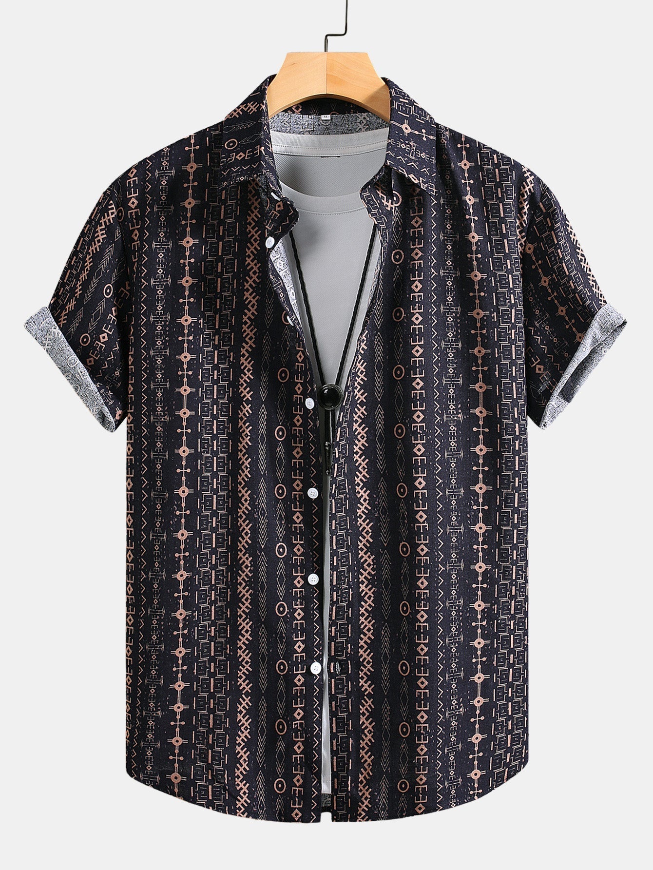 Horacio® | Linen Look Ethnic Geometric Print Button Up Shirt