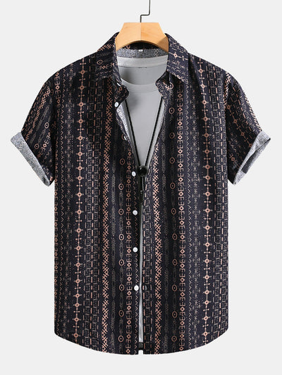 Atahualpa® | Linen Look Ethnic Geometric Print Button Up Shirt
