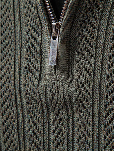 Steven | Long Sleeved Knitted Geometric Jacquard Zippe Polo Shirt