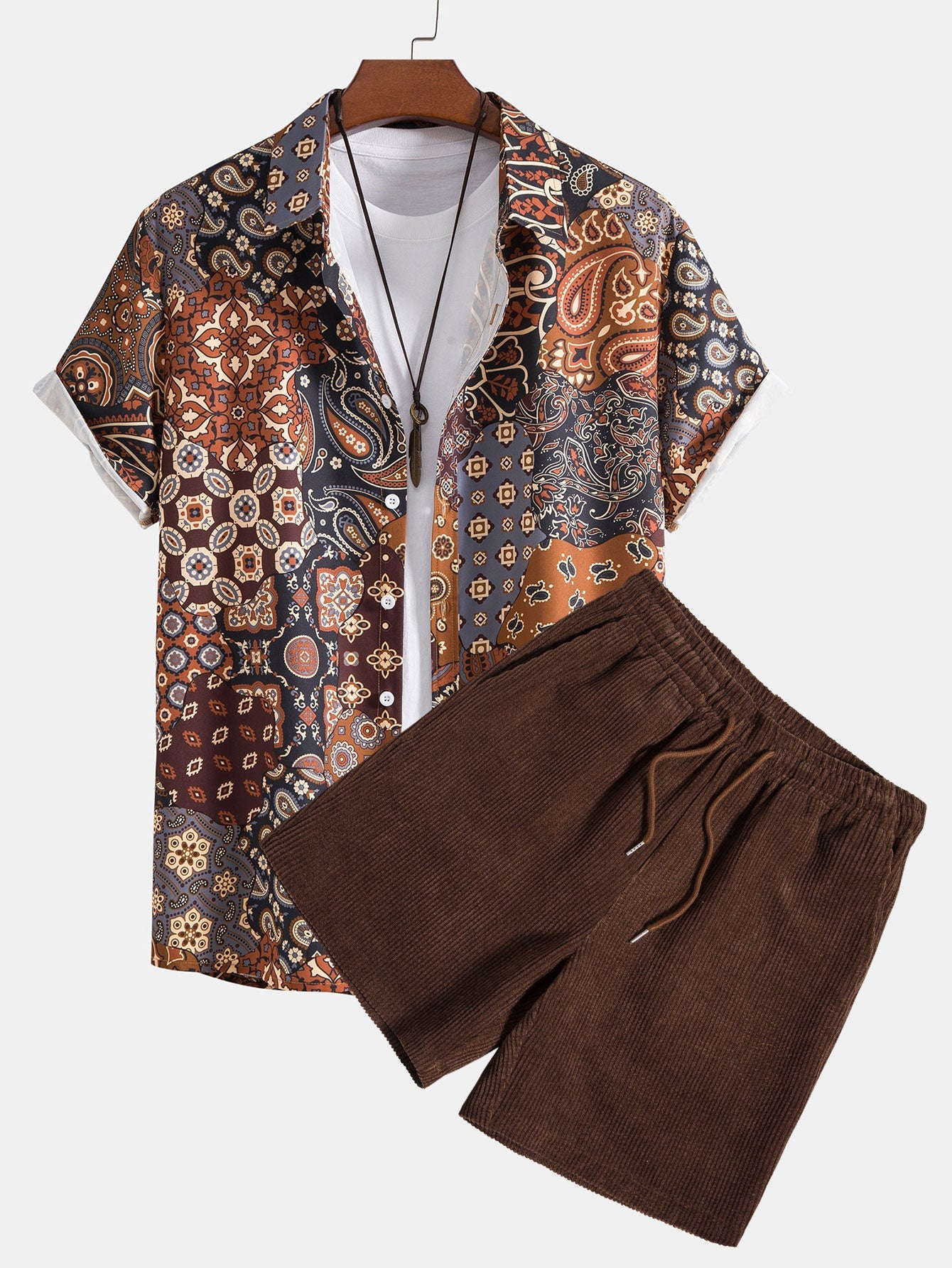Oseas® | Paisley Patchwork Print Button Up Shirt & Corduroy Shorts