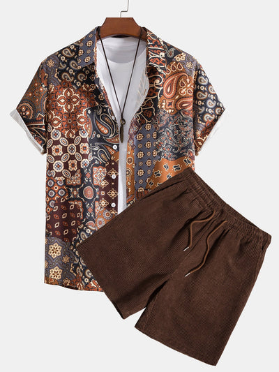 Oseas® | Paisley Patchwork Print Button Up Shirt & Corduroy Shorts