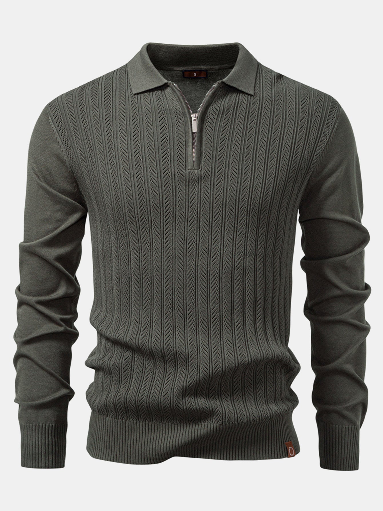 Steven | Long Sleeved Knitted Geometric Jacquard Zippe Polo Shirt