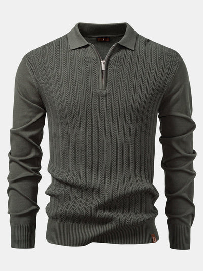Steven | Long Sleeved Knitted Geometric Jacquard Zippe Polo Shirt