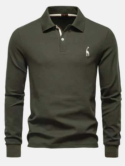 Hubert® | Long Sleeved Giraffe Embroidery Polo Shirt