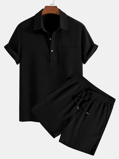 Orestes® | Waffle Polo Collar Shirt With Pocket & Waffle Shorts