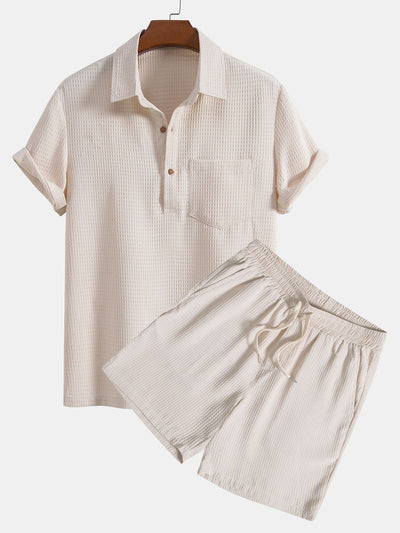 Orestes® | Waffle Polo Collar Shirt With Pocket & Waffle Shorts