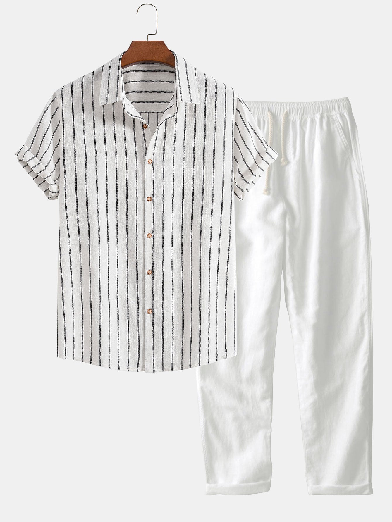 Omar® | Cotton Blend Striped Button Up Shirt & Straight Leg Linen Pants