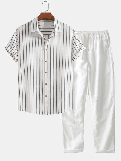 Omar® | Cotton Blend Striped Button Up Shirt & Straight Leg Linen Pants