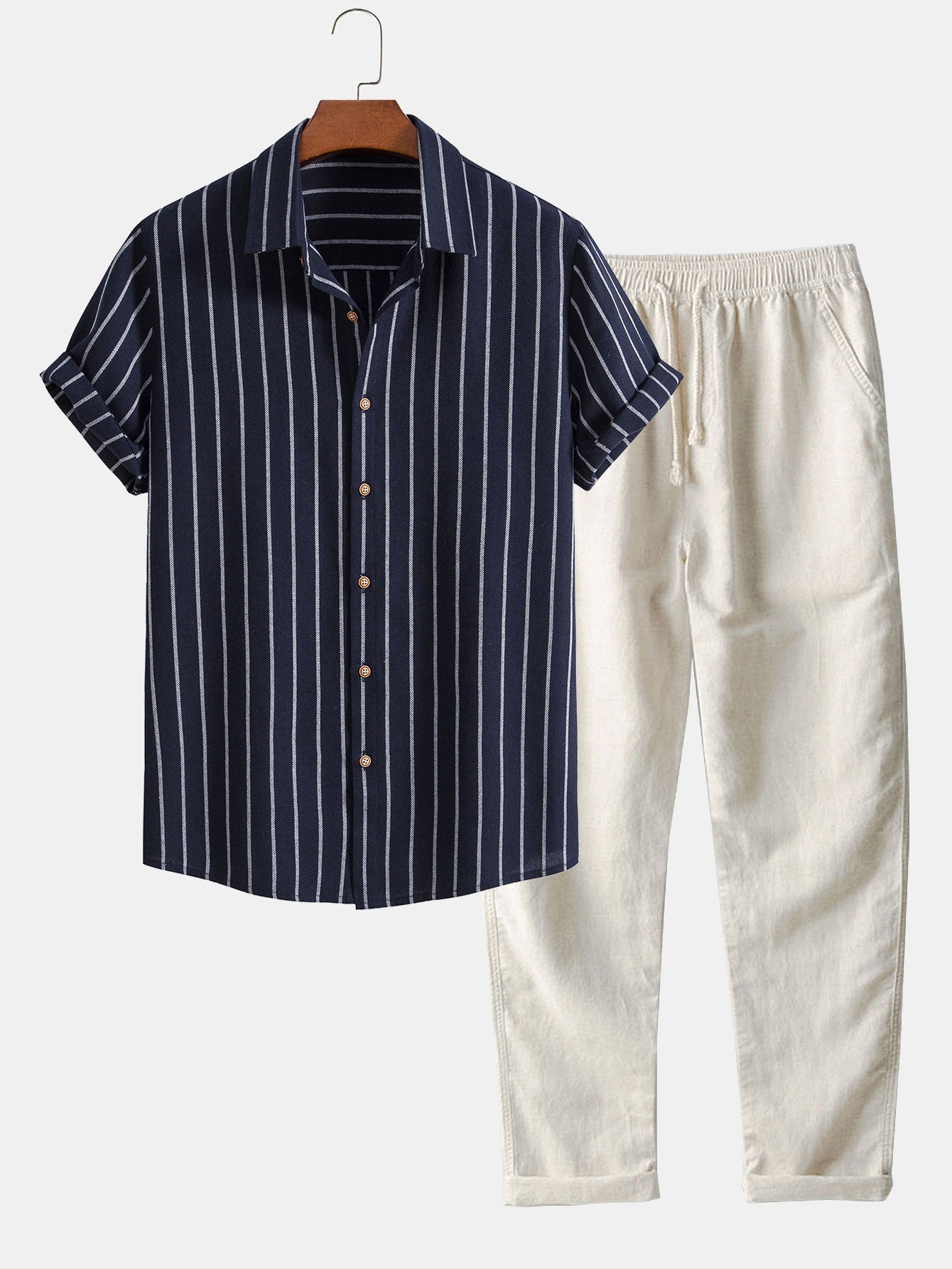Omar® | Cotton Blend Striped Button Up Shirt & Straight Leg Linen Pants