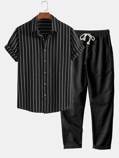 Omar® | Cotton Blend Striped Button Up Shirt & Straight Leg Linen Pants