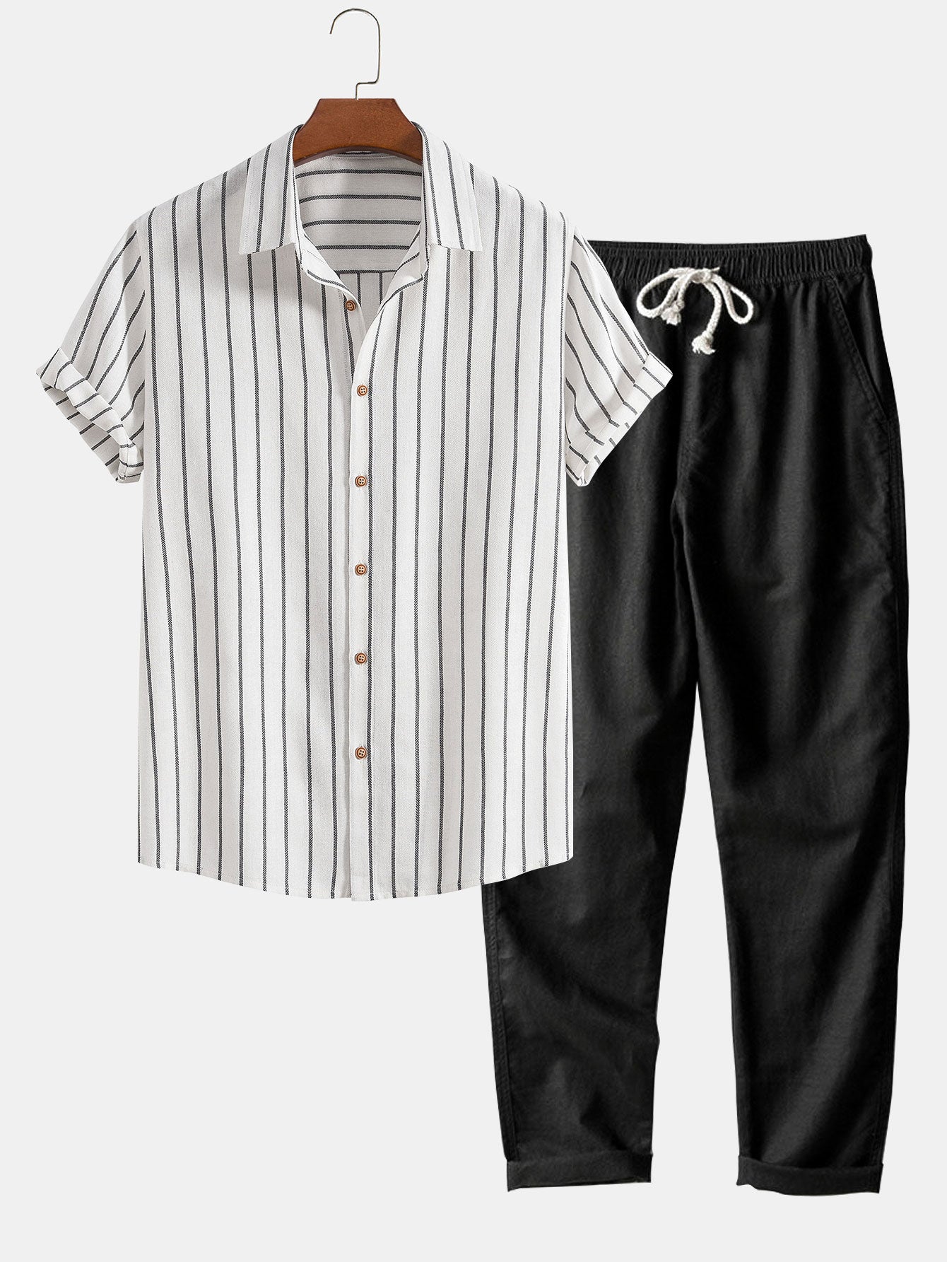 Omar® | Cotton Blend Striped Button Up Shirt & Straight Leg Linen Pants