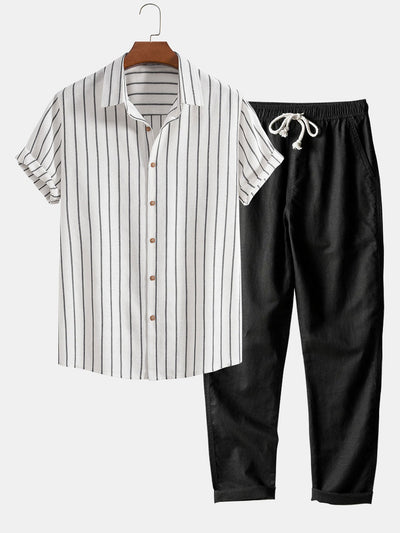 Omar® | Cotton Blend Striped Button Up Shirt & Straight Leg Linen Pants