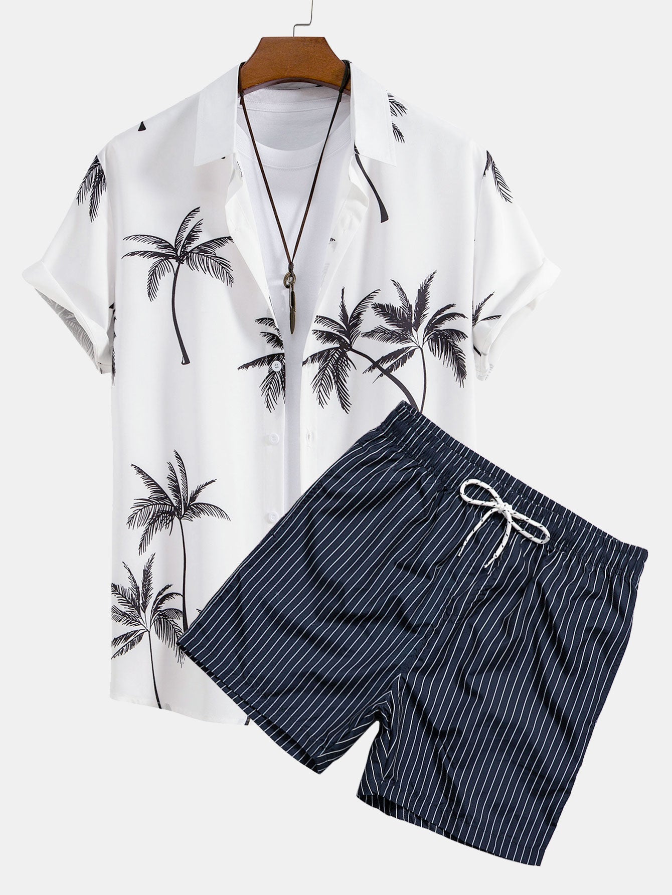 Claude® | Palm Tree Print Button Up Shirt & Striped Print Swim Shorts