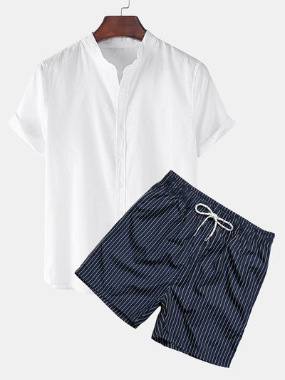 Dorian® | Linen Look Short Sleeve Shirt & Striped Print Swim Shorts