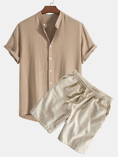 Ahab® | Linen And Rayon Blend Stand Collar Shirt & Linen Cotton Blend Drawstring Shorts
