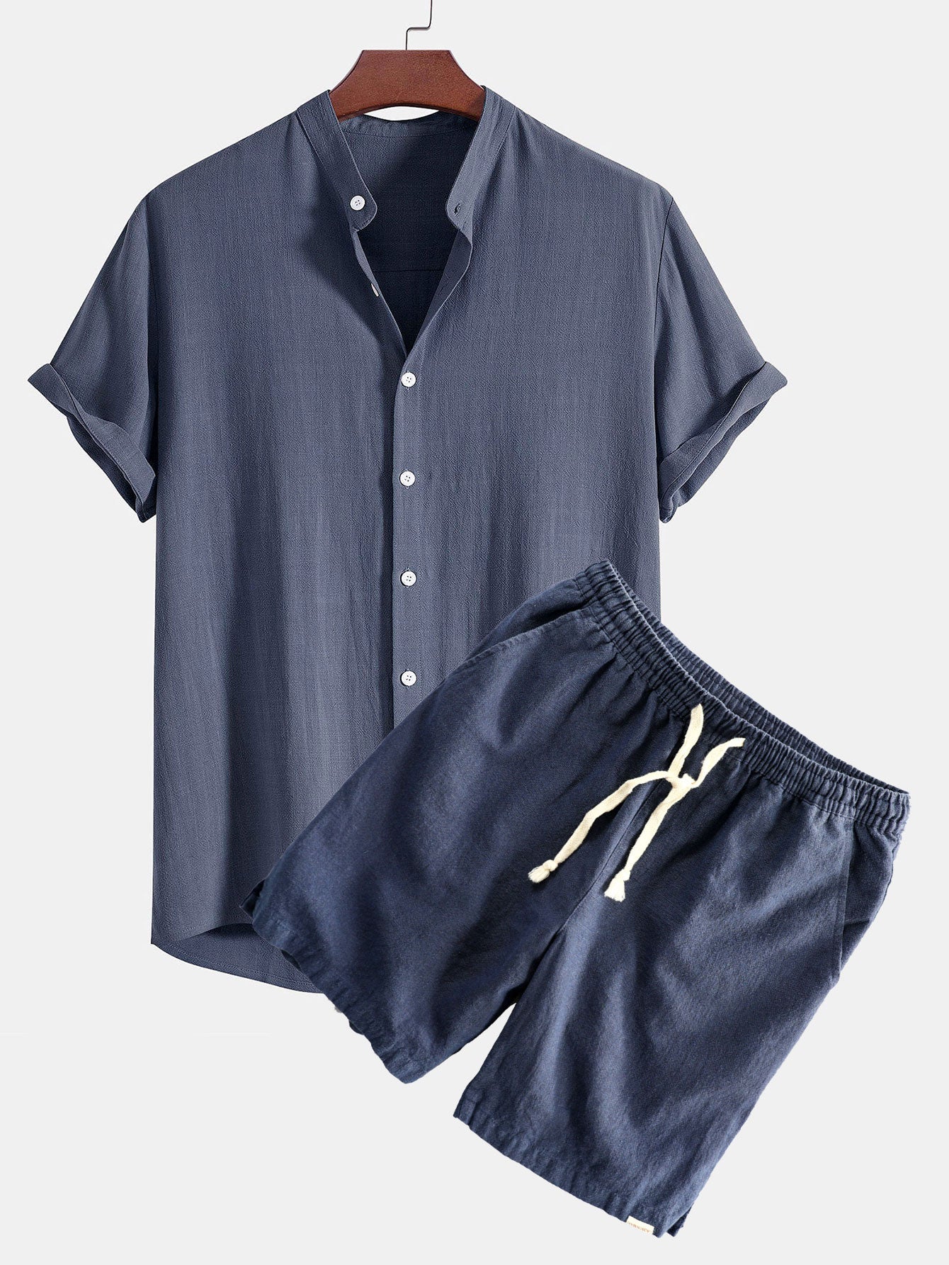 Ahab® | Linen And Rayon Blend Stand Collar Shirt & Linen Cotton Blend Drawstring Shorts