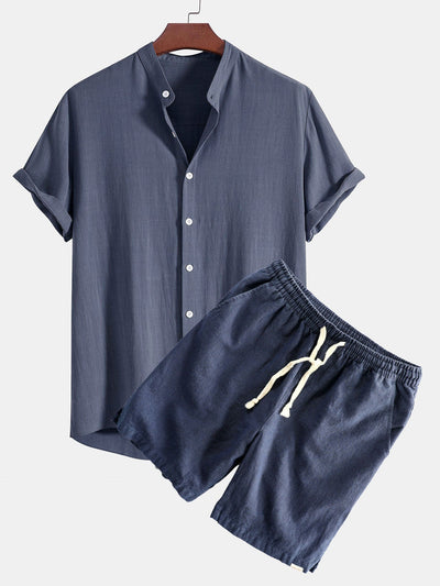 Ahab® | Linen And Rayon Blend Stand Collar Shirt & Linen Cotton Blend Drawstring Shorts
