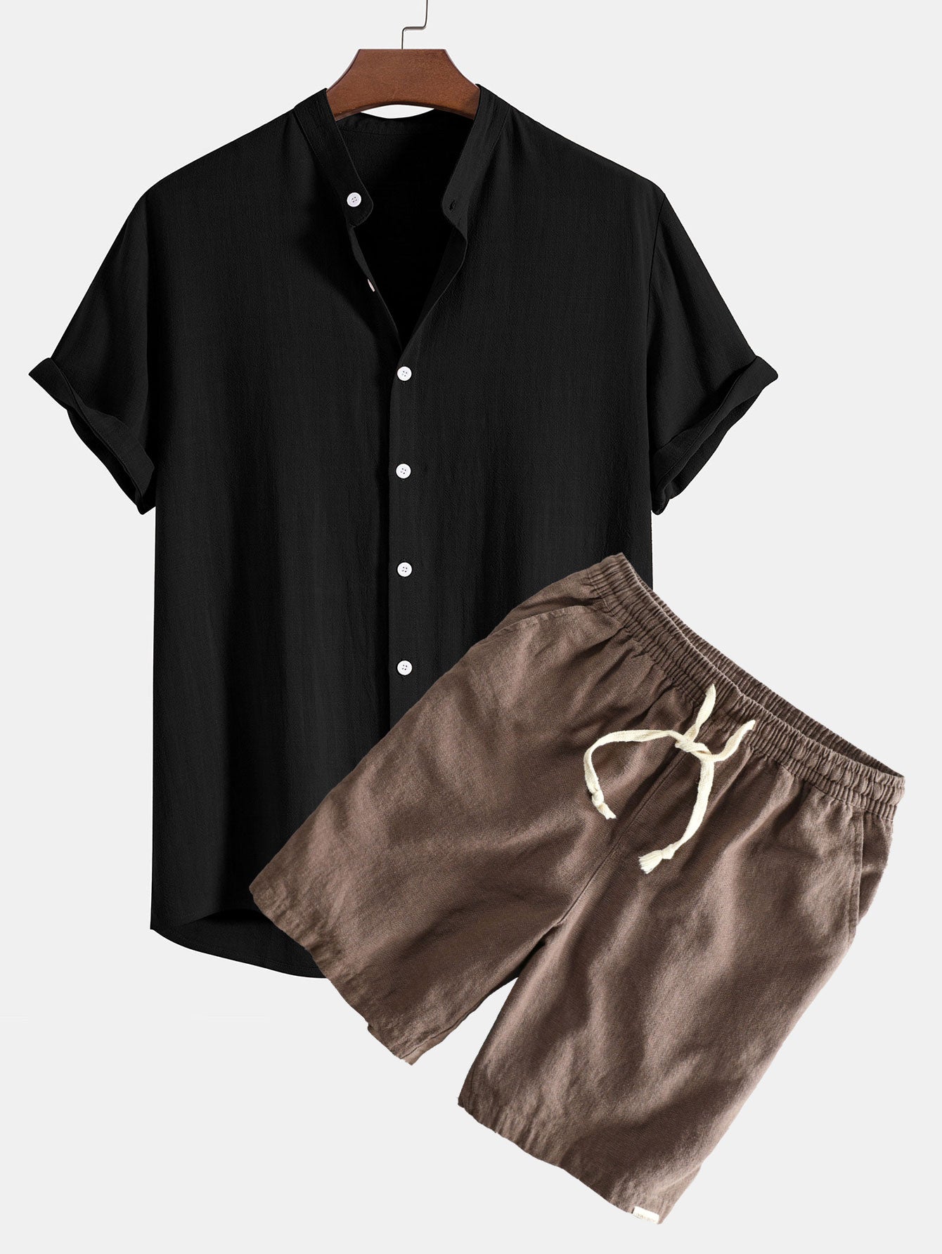 Ahab® | Linen And Rayon Blend Stand Collar Shirt & Linen Cotton Blend Drawstring Shorts