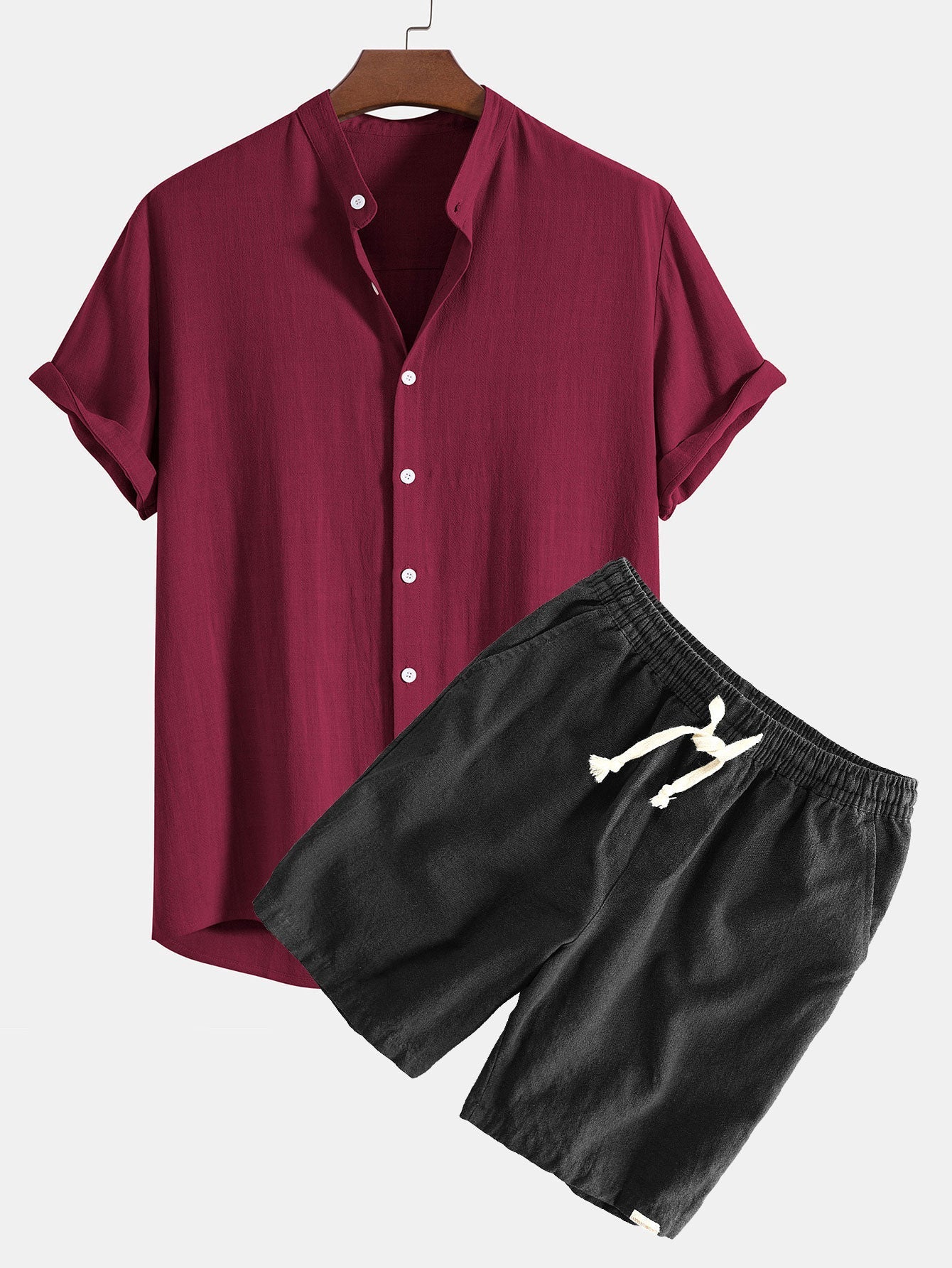Ahab® | Linen And Rayon Blend Stand Collar Shirt & Linen Cotton Blend Drawstring Shorts