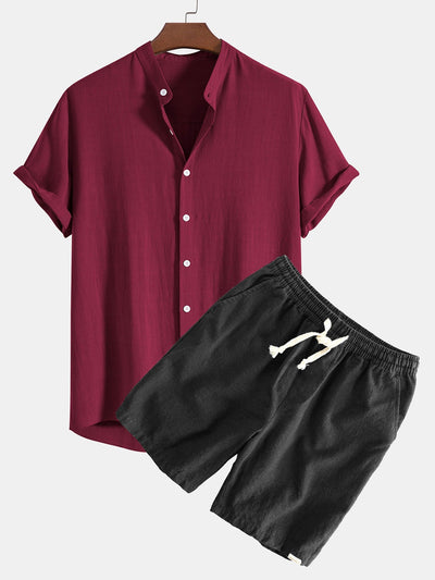 Ahab® | Linen And Rayon Blend Stand Collar Shirt & Linen Cotton Blend Drawstring Shorts