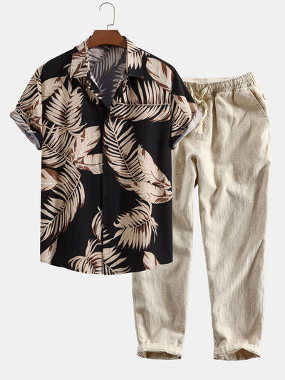 Myles® | Tropical Print Shirt & Linen Cotton Blend Cropped Pants