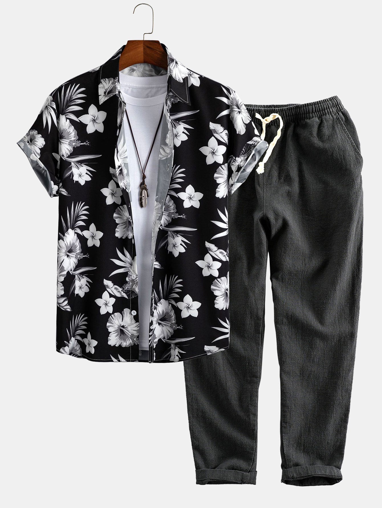 Louis® | Tropical Floral Print Button Up Shirt & Linen Cotton Blend Cropped Pants