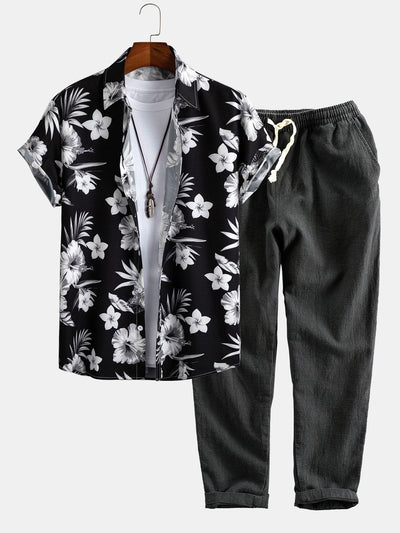Louis® | Tropical Floral Print Button Up Shirt & Linen Cotton Blend Cropped Pants