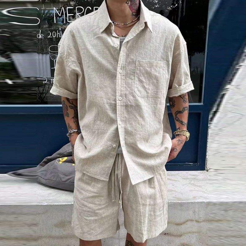 Claudio | Men'S Casual Breathable Linen Lapel Patch Pocket Loose Short Sleeve Shirt Elastic Waist Shorts Holiday Set