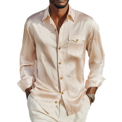 Leroy | Men'S Vintage Elegant Solid Satin Lapel Chest Pocket Slim Fit Long Sleeve Shirt