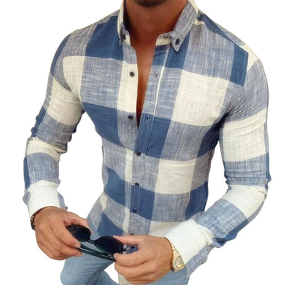Men's Casal Cotn Plaid Lapel SliFit Long Sleeve Shirt