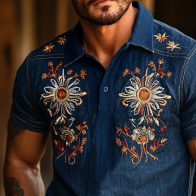 Pat | Men'S Western Style Embroidered Denim Short Sleeve Polo Shirt