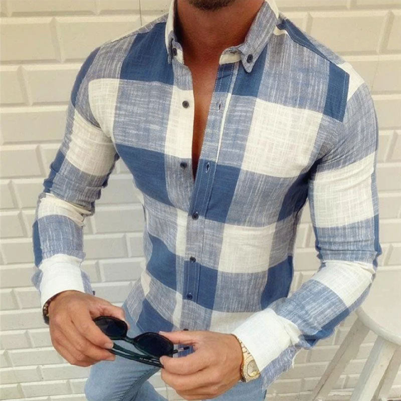 Men's Casal Cotn Plaid Lapel SliFit Long Sleeve Shirt