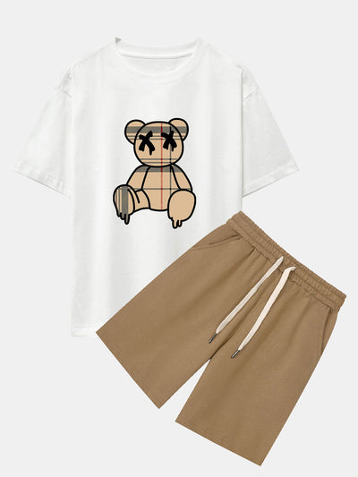 Agilbert® | Plaid Pattern Dissolving Bear Print Oversize T-Shirt & Shorts