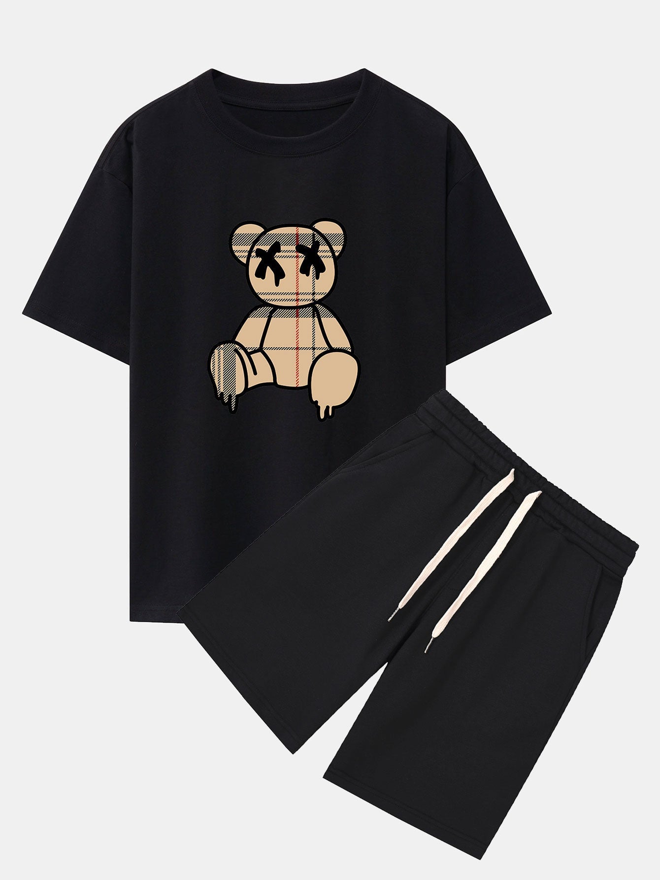 Agilbert® | Plaid Pattern Dissolving Bear Print Oversize T-Shirt & Shorts
