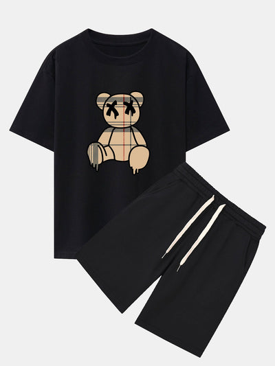 Agilbert® | Plaid Pattern Dissolving Bear Print Oversize T-Shirt & Shorts