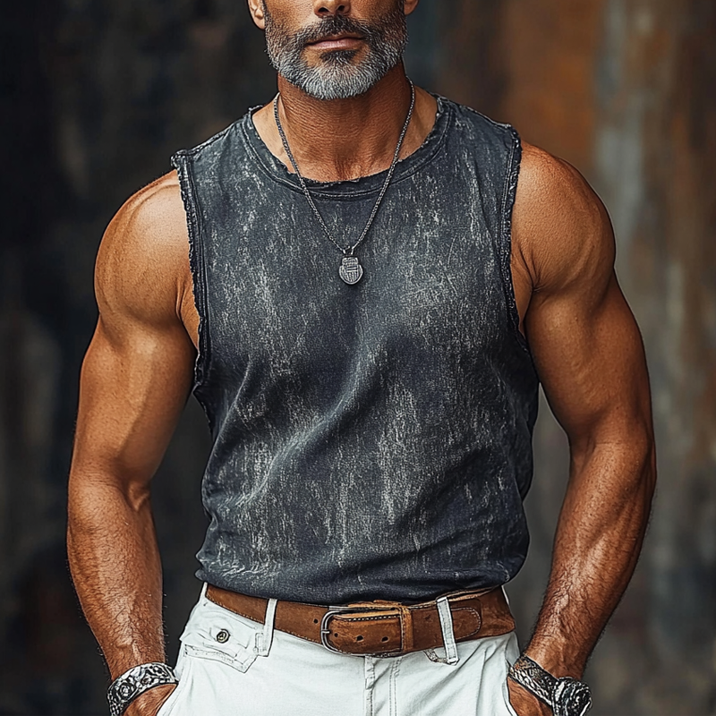 Jed | Men'S Vintage Crew Neck Printed Raw Edge Sleeveless Tank Tops