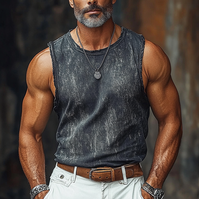 Jed | Men'S Vintage Crew Neck Printed Raw Edge Sleeveless Tank Tops