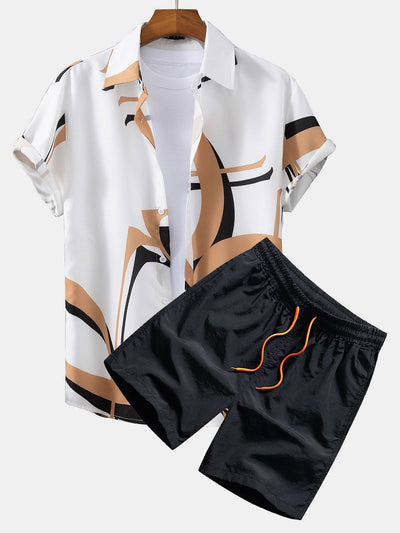 Afton® | Abstract Print Button Up Shirt #Random Pattern Design# & Swim Shorts