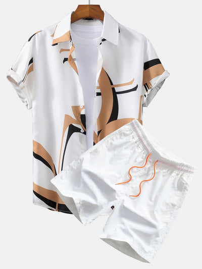 Afton® | Abstract Print Button Up Shirt #Random Pattern Design# & Swim Shorts